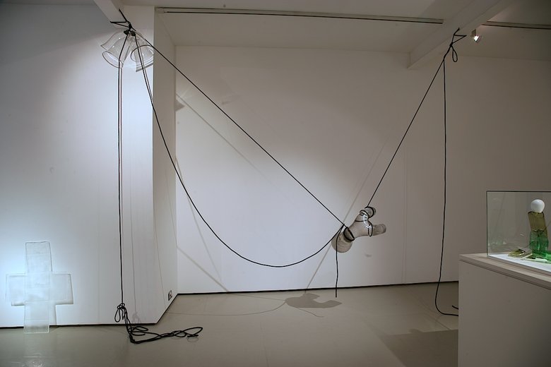 Emma Woffenden: New works,, Box Cross and Bellringer. Bellringer 310 × 360 × 60 cm
cast glass, blown glass, rope