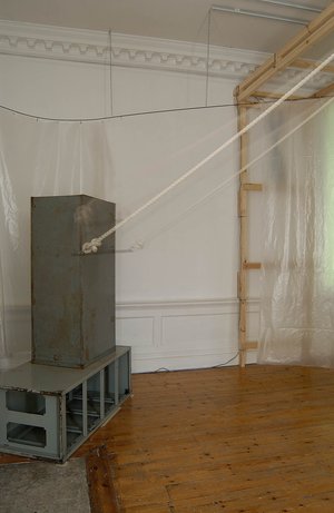 Emma Woffenden: Locked Rooms. No Horizon, part 3, 2004. View of metal trapeze bar banging between the cabinets