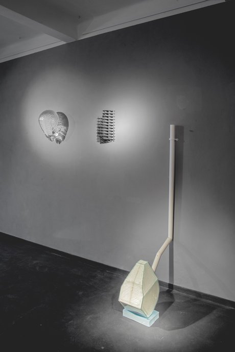 Emma Woffenden: Contact Isolation, 2019. Drained sculpture in the fore ground, shows two works on the wall by Peter Stanicky. 