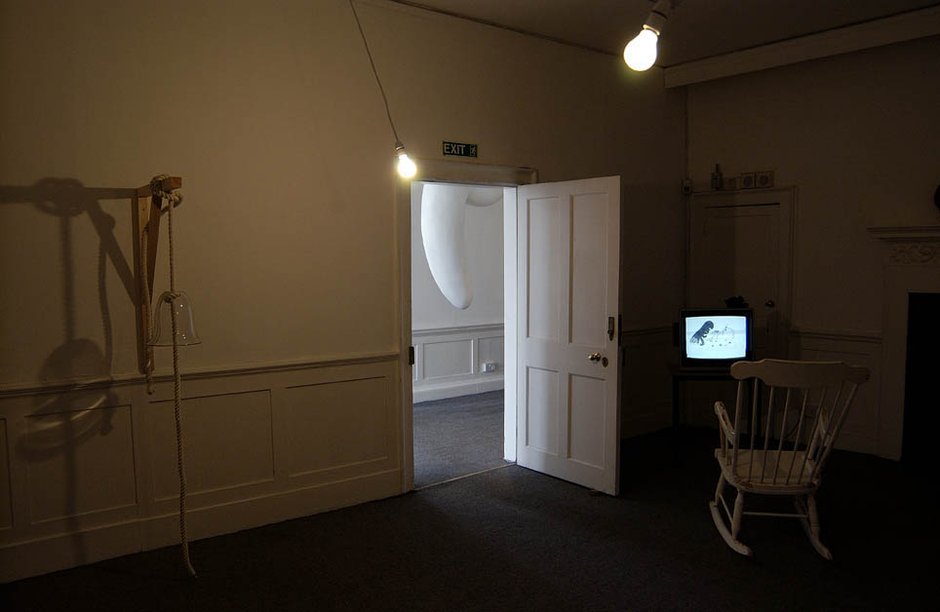 Emma Woffenden: Locked Rooms. No Horizon, part 3, 2004. View of above room with monitor showing Ann Course's film