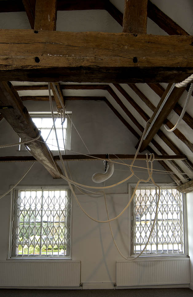 Emma Woffenden: Locked Rooms. No Horizon, part 3, 2004. View of Hanging Retortion with ropes. The bells are not used in this final variation just their ropes.