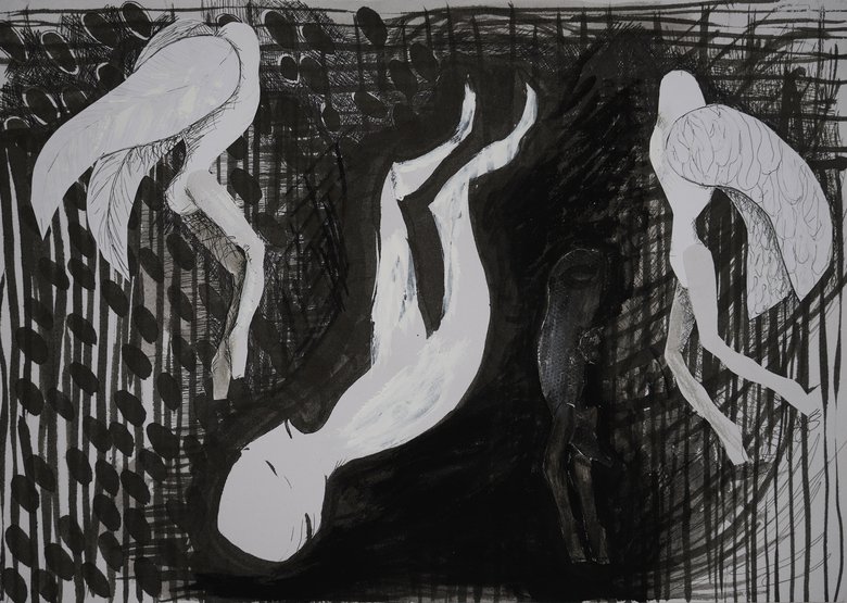 Emma Woffenden: Second Wall of Drawings., Exhibited at: Drawing the Unspeakable.. Angels. 2024 Ink, pen and gouche on paper. 30cm x 42cm. 