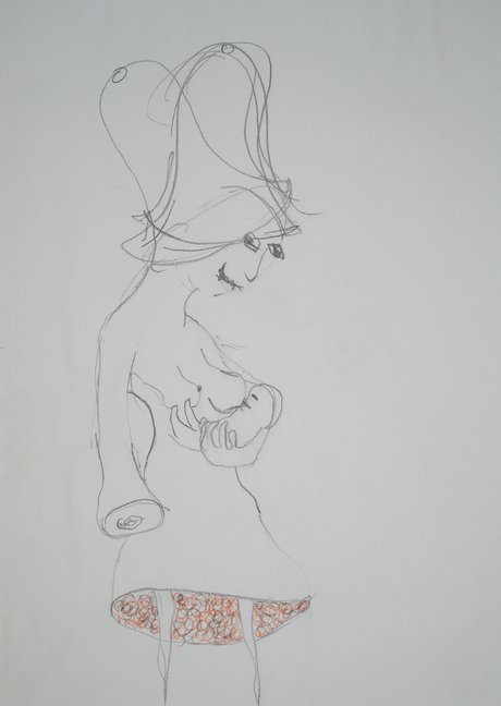 Emma Woffenden: Second Wall of Drawings., Exhibited at: Drawing the Unspeakable.. Bell Hat and baby.2009 Graphite and colour pencil. 29.5 x 21cm.