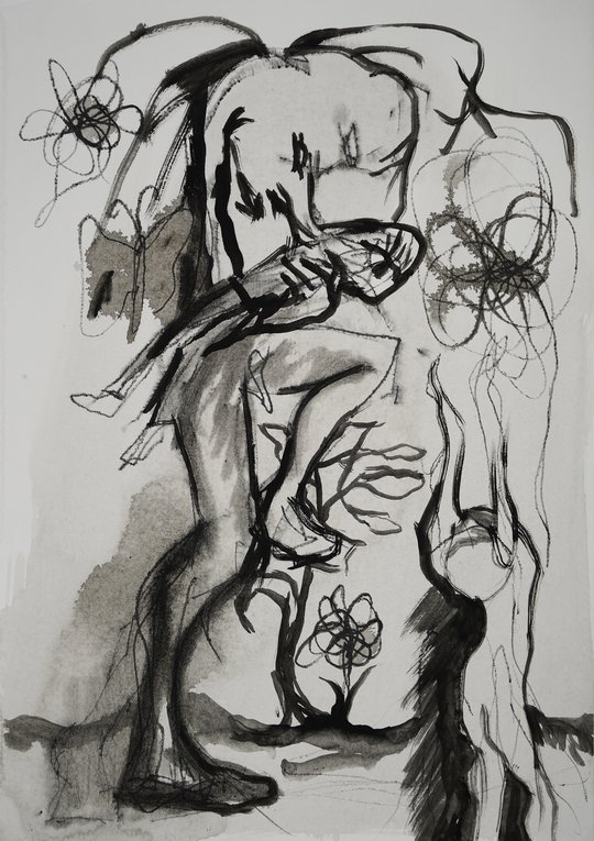 Emma Woffenden: Second Wall of Drawings., Exhibited at: Drawing the Unspeakable.. Battle Cry. 2024 Ink on paper. 42cm x 30cm.