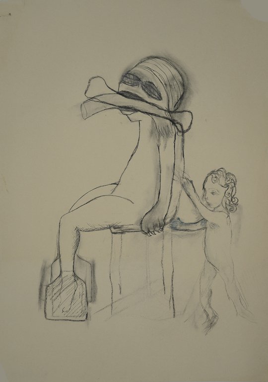 Emma Woffenden: Second Wall of Drawings., Exhibited at: Drawing the Unspeakable.. Dog, and Bone and Cherub. 2007 Charcoal and pen on paper. 59cm x 42cm.