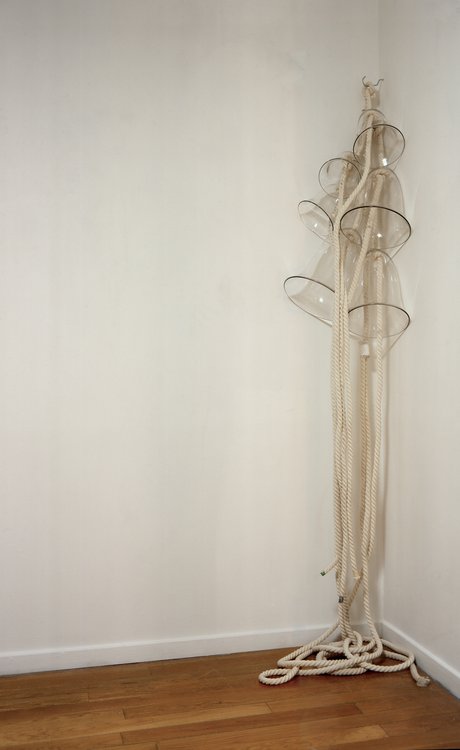 Emma Woffenden: Solo show, Barrett Marsden Gallery, 2001. Blown glass bells and rope.