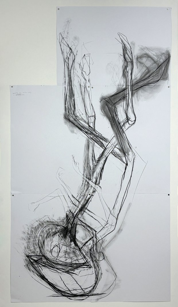 Emma Woffenden: Selection of Drawings for Sculpture, 2000-2023. Working drawing for Floating Falling sculpture. Charcoal on paper. H.277 x W.118cm