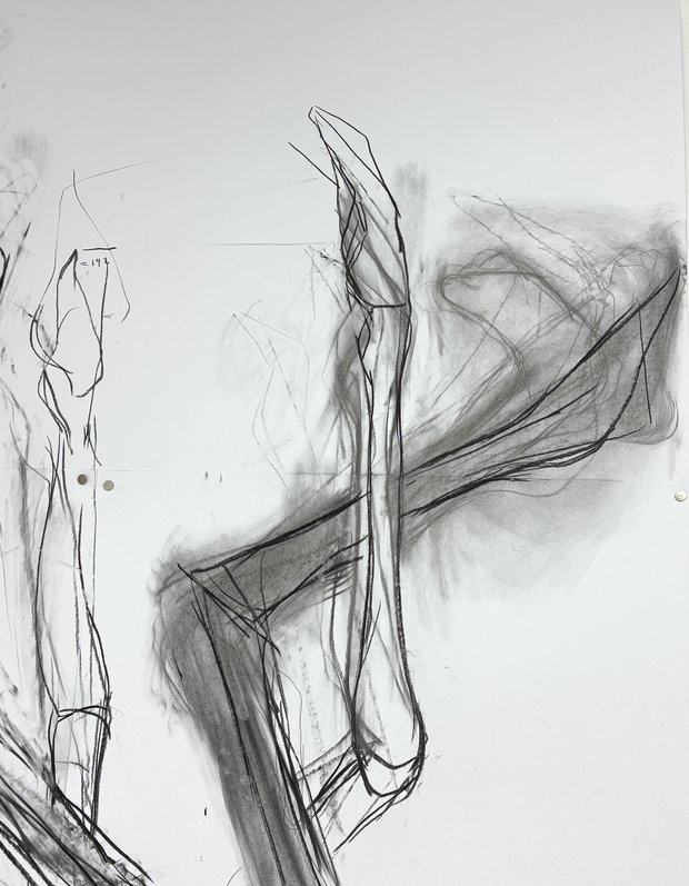 Emma Woffenden: Selection of Drawings for Sculpture, 2000-2023. Working drawing for Floating Falling sculpture. Charcoal on paper. detail