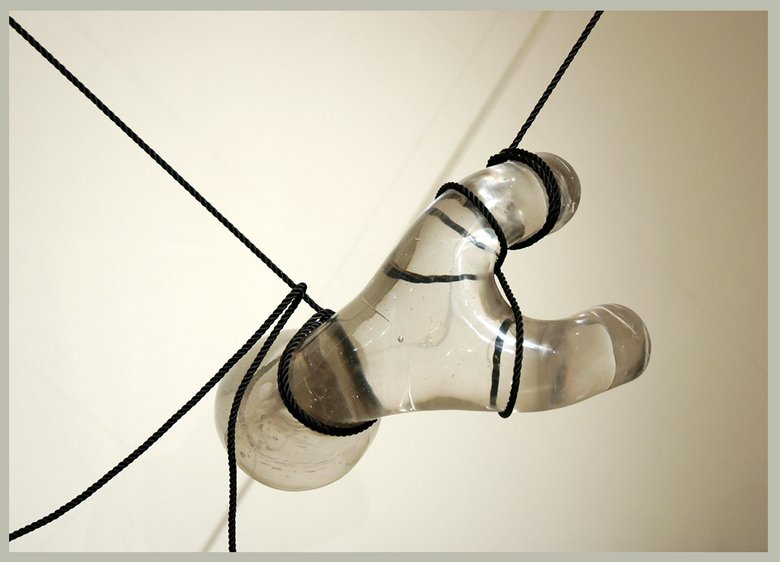 Emma Woffenden: New works,, Box Cross and Bellringer. Bellringer 310 × 360 × 60 cm
cast glass, blown glass, rope