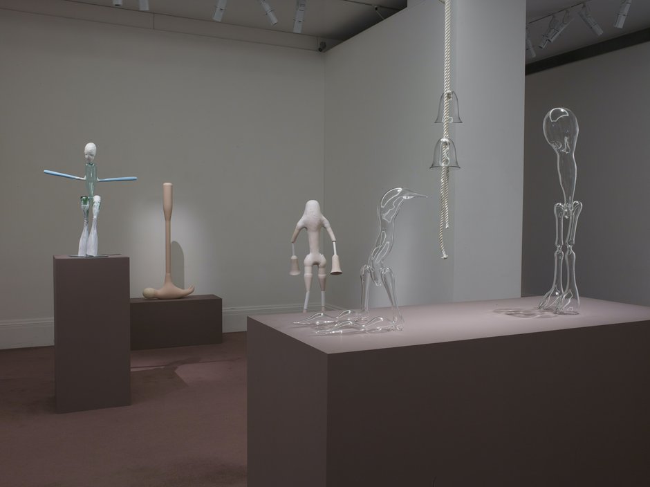 Emma Woffenden: Originals, Sothebys, 2015. Exhibition view showing glass, jesmonite and mixed media works.
Including flame worked figures, double bell, Ostrich Egg Hammer.