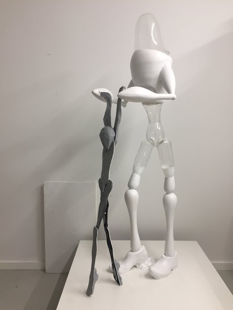 Emma Woffenden: Still Life and Walking with a Child., 2021. Walking with a child. 170 x 50 x 70cm. mould blown glass, jexsmonite, foam board, polystyrene.