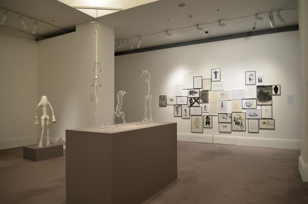 Emma Woffenden: Originals, Sothebys, 2015. Exhibition view including sculpture and Wall of Drawings.