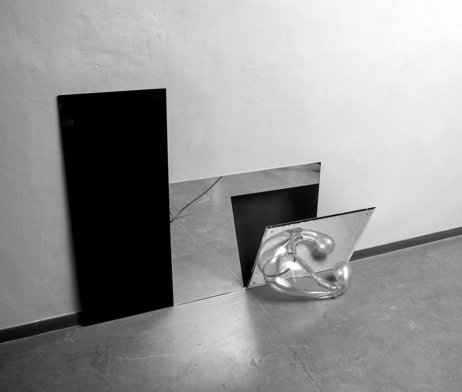 Emma Woffenden: Contact Isolation, new glass/mixed media works., 2019. Phantom in Space. Blown and mould blown glass, float glass and mirror.
