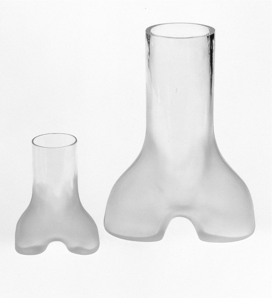 Emma Woffenden: Glass objects, 1993–1995. Y vase and Y glass, mould blown glass.